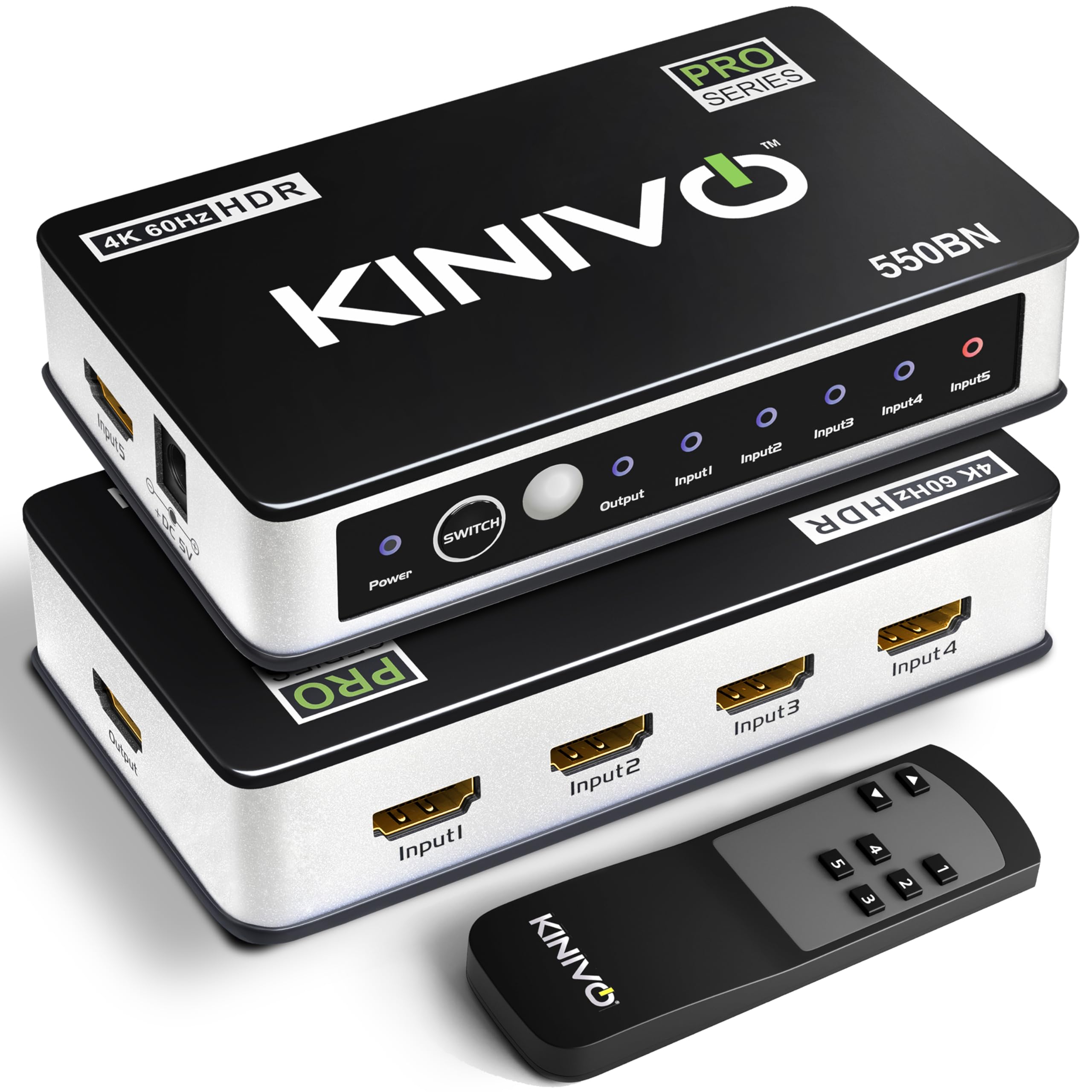 Photo 1 of ** missing remote** Kinivo HDMI Switch 4K HDR 550BN (5 in 1 Out, 4K 60Hz HDR, HDMI 2.0, High Speed 18Gbps, IR Remote, HDCP) - Compatible with Roku, PS5, Xbox, Apple TV, Nintendo Switch, Cable Box