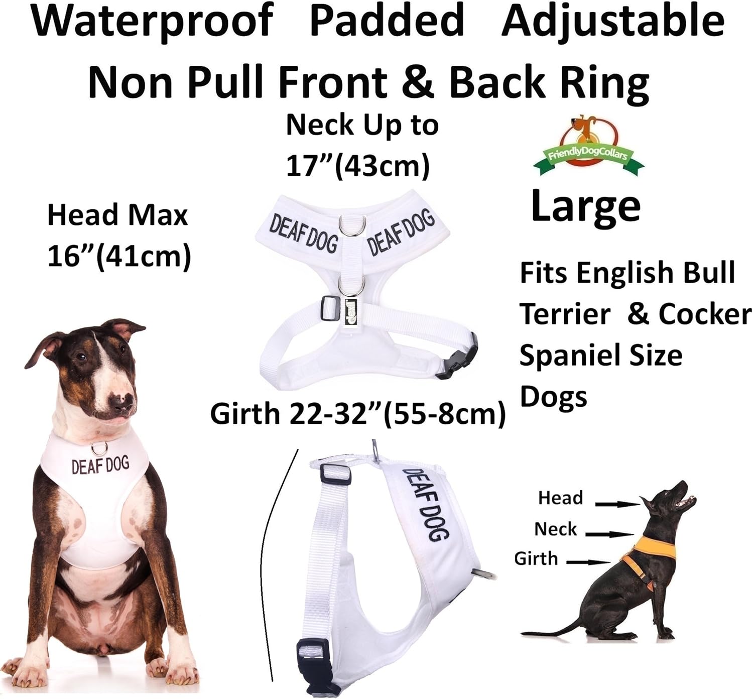 DEAF DOG (Dog Has Limited/No Hearing) White Colour Coded NonPull Front and Back D Ring Padded