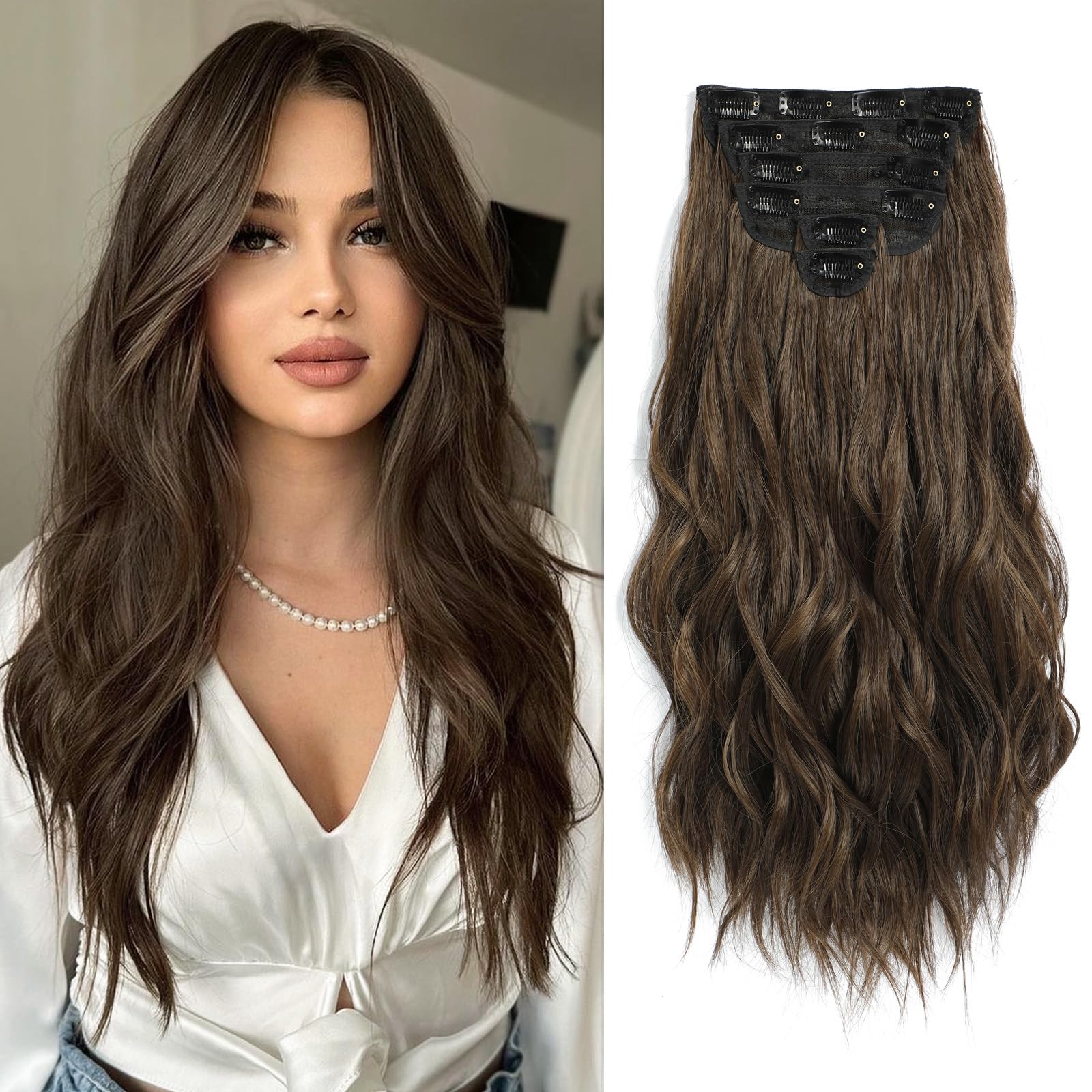 Photo 1 of Fliace Clip in Hair Extensions, 6 PCS Natural & Soft Hair & Blends Well Hair Extensions, Medium Brown Long Wavy Hairpieces(16inch, 6pcs, Medium Brown)