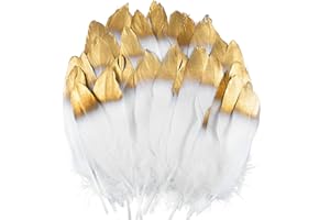 UNEEDE Gold Tipped White Feathers, 50 PCS Natural Goose Feathers for DIY Wedding Decorations, Angel Wings & Fairy Crafts