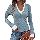 Flamingals Women's Cinched Waist Tops for Women V Neck Long Sleeve Casual 2 in 1 Textured Shirts Tops Fall Fashion
