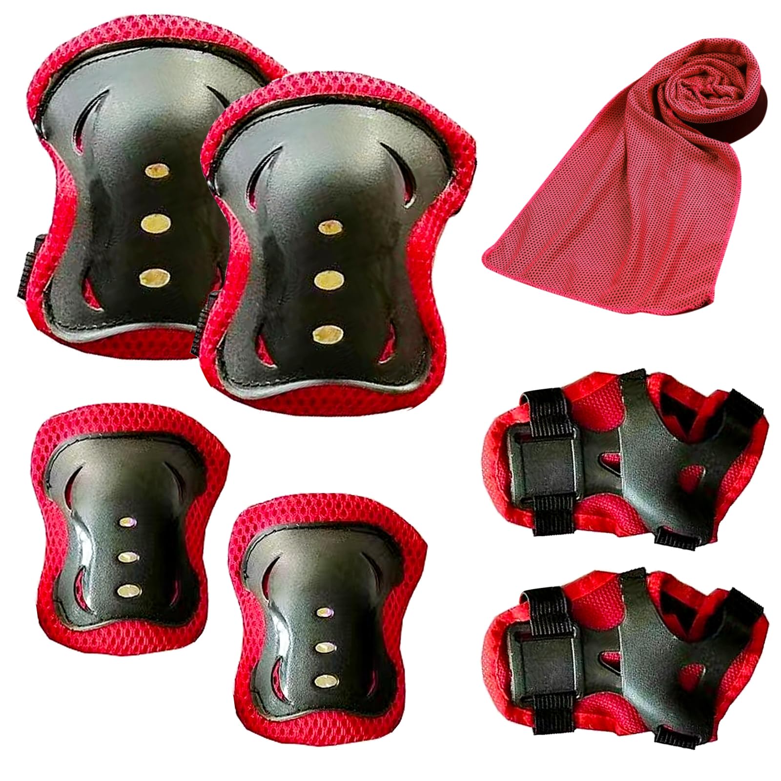 JSTHHTT Kids Sports Protective Gear Set,Kids Knee Pads Set,Knee Pads Elbow Pads Wrist Guards Set,Knee Elbow Pads with Adjustable Wrist Guards for Skateboard Inline Roller Skating Biking Riding,Red