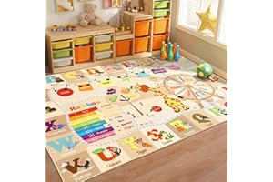 B BENRON Kids Rugs for Playroom Washable, Educational and Fun Learning Rugs with ABC Alphabet Animals Shapes, Baby Toddler Children's Play Mat for Bedroom Classroom Nursery, 5x7 Feet, Beige and Pink