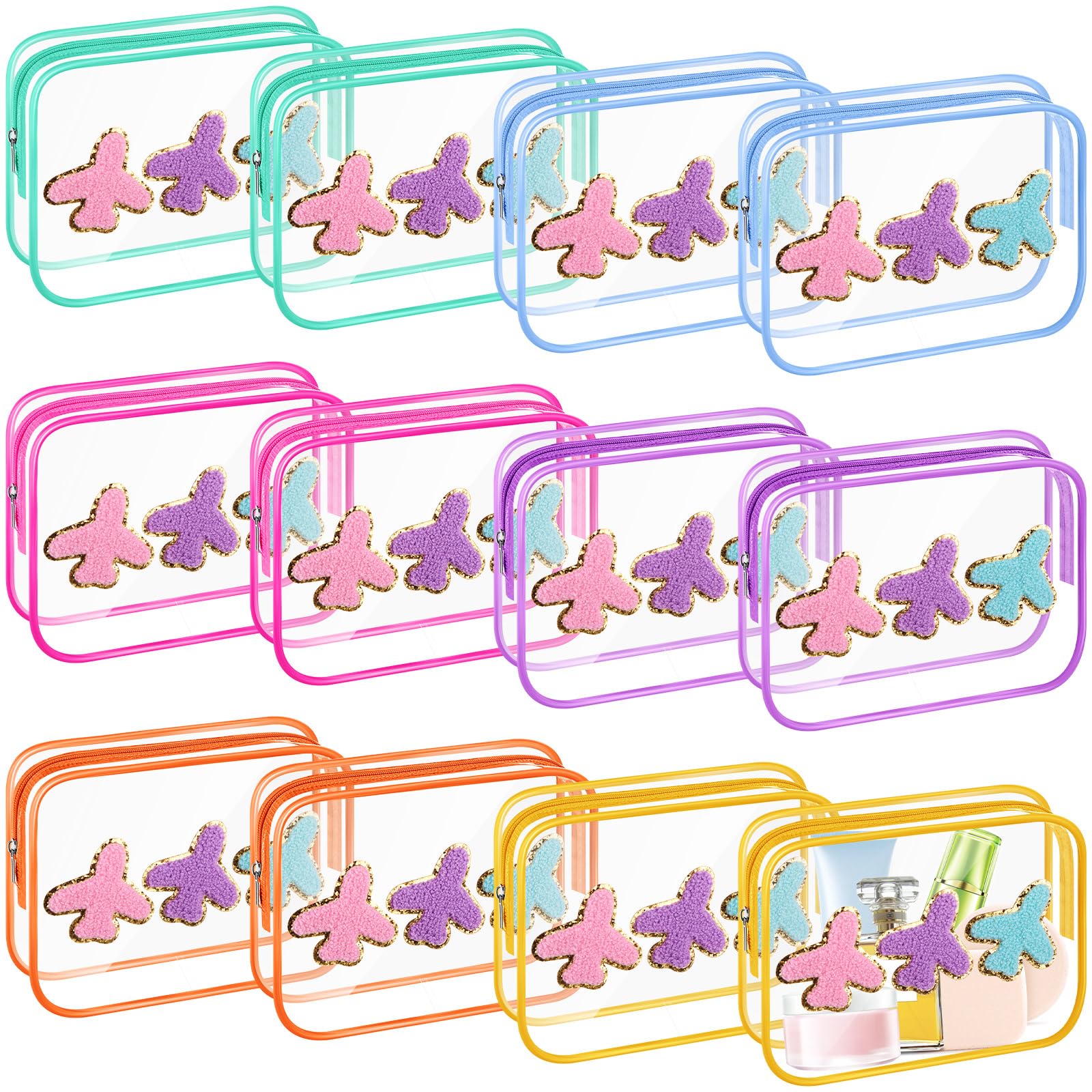Photo 1 of Kacctyen 12 Pcs Airplane Clear Travel Bags for Toiletries Bulk Waterproof PVC Makeup Bags Beach Sunscreen Pouch Chenille Patch Preppy Cosmetic Organizer for Girls Kids Pool Party Favor Vacation Gift