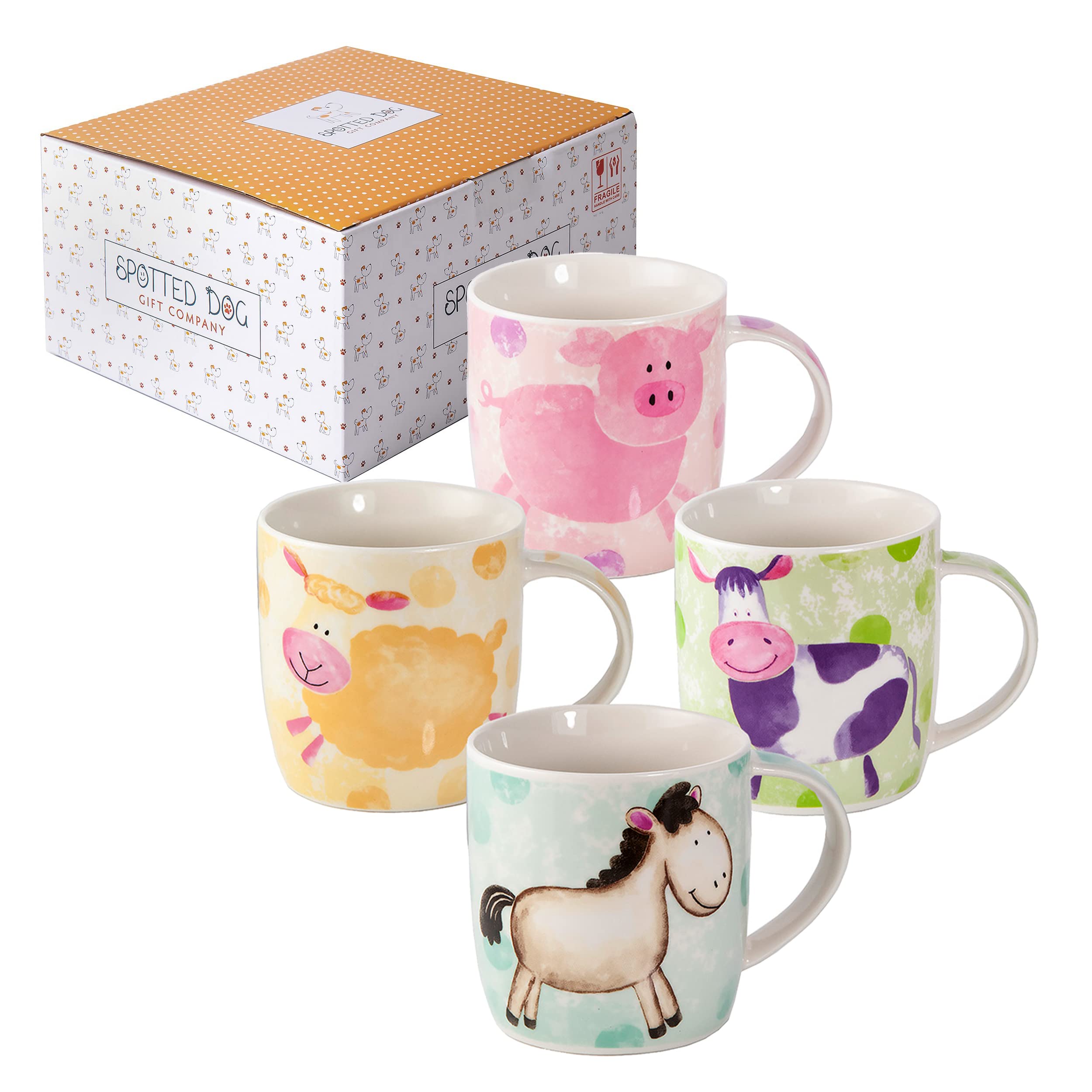 SPOTTED DOG GIFT COMPANY Farm Animal Mugs Set of 4 – 350ml Ceramic China Coffee Mugs & Tea Cups | Colourful Cute & Fun Mug Set | Gifts & Presents for Animal Lovers | Women, Men & Kids