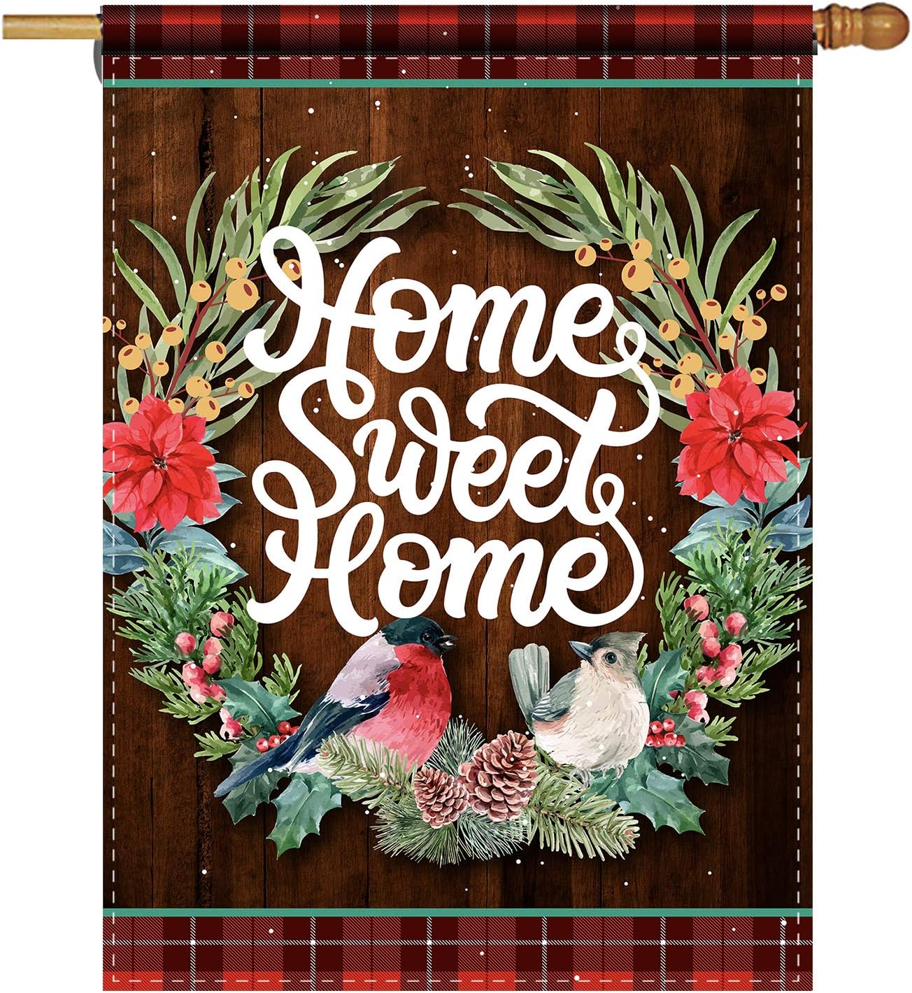 ForbiddenPaper Rustic Home Sweet Home Wreath Bird Winter Holiday Decorative Garden Flag Decor Banner for Outsid Christmas Farmhouse Wreath Bird Flag Yard Outdoor Decoration 28 x 40 Inch(Double Sided)