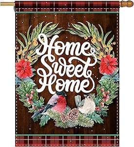 ForbiddenPaper Rustic Home Sweet Home Wreath Bird Winter Holiday Decorative Garden Flag Decor Banner for Outsid Christmas Farmhouse Wreath Bird Flag Yard Outdoor Decoration 28 x 40 Inch(Double Sided)