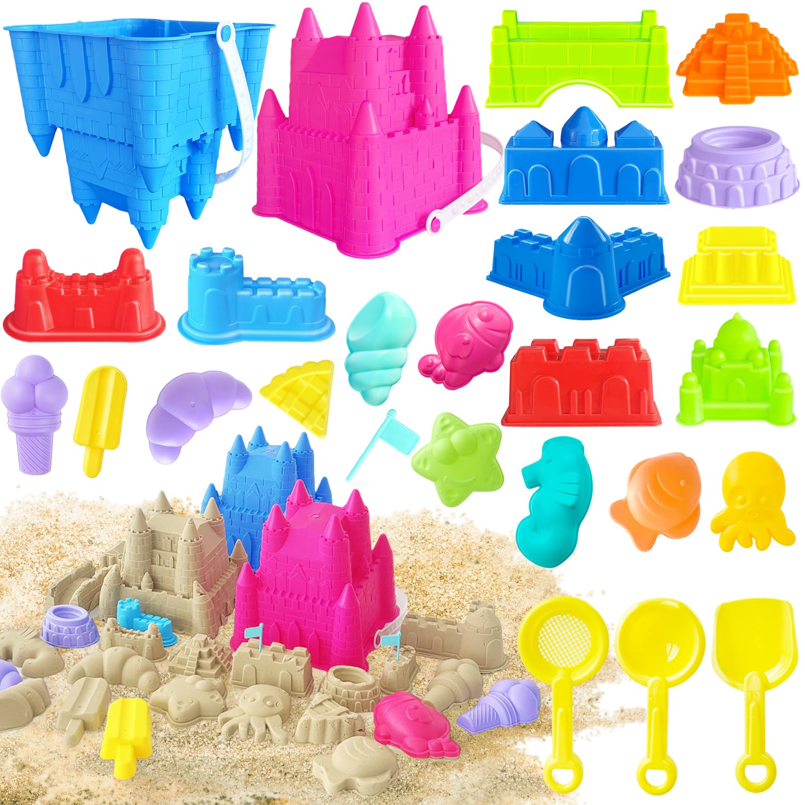 Photo 1 of 50Pcs Beach Sand Toys,Sand Toys Toddlers with Shovels & Sand Castle Building Kit Molds,Summer Outdoor Travel Toys for Kids Toddlers Girls