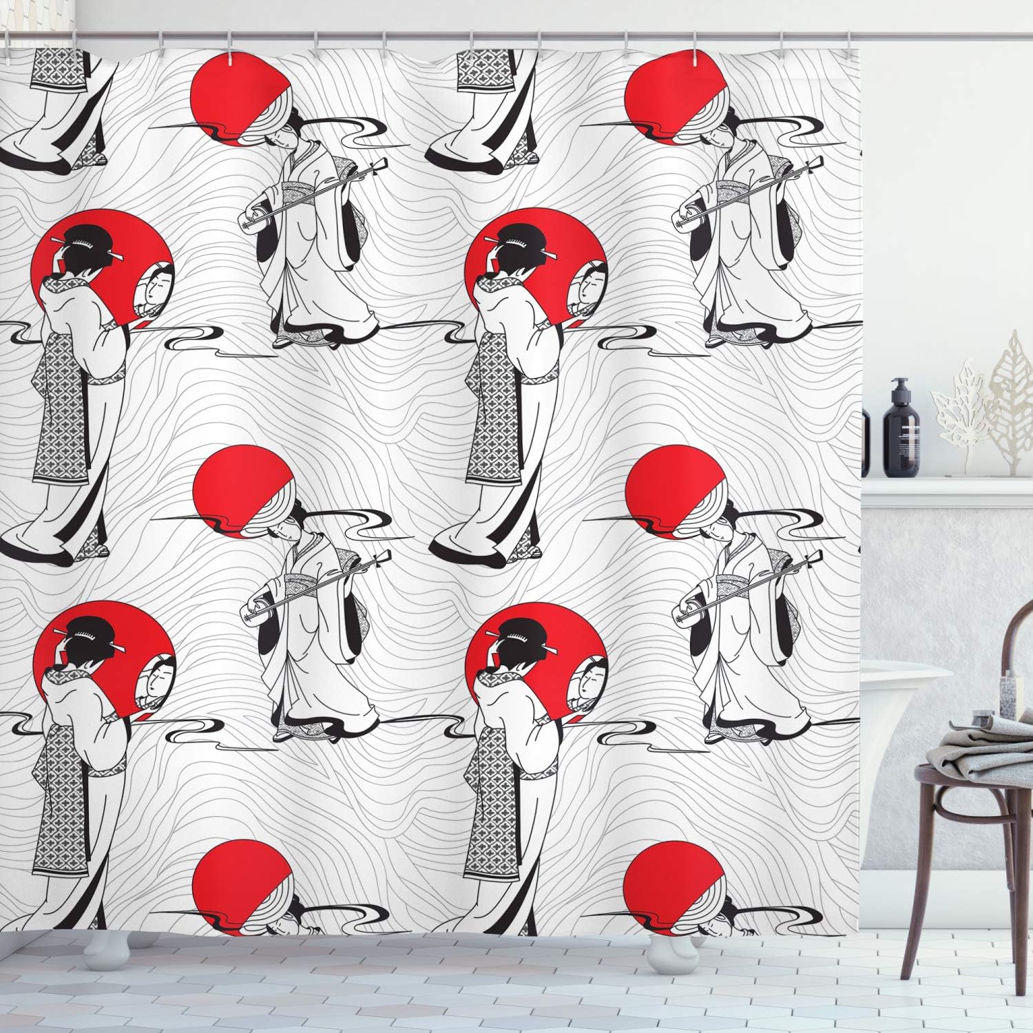 Amazon Com Ambesonne Asian Shower Curtain Japanese Geisha Girl With Traditional Kimono Folk Culture Style Cloth Fabric Bathroom Decor Set With Hooks 70 Long Vermilion Charcoal Grey White Home Kitchen