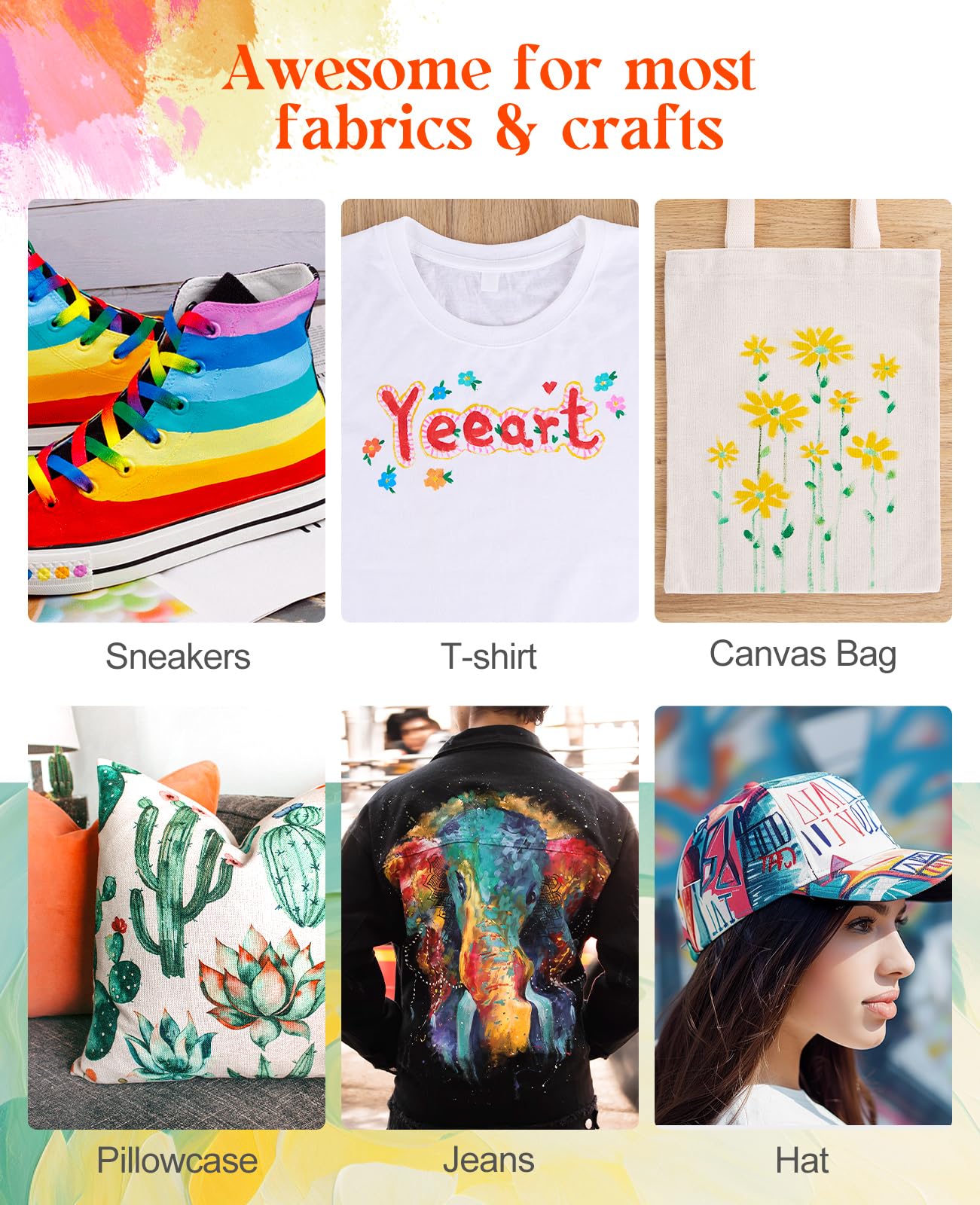 Fabric Paint, Yeeart 20 Colors Permanent Soft Fabric Paint Set for Clothes in Bottles (60ml/2oz) with 10 Brushes, Palette, Non-Toxic Textile Paint Art Supplies for Clothes, Canvas, T-Shirts, Jeans, Bags & Art Crafts