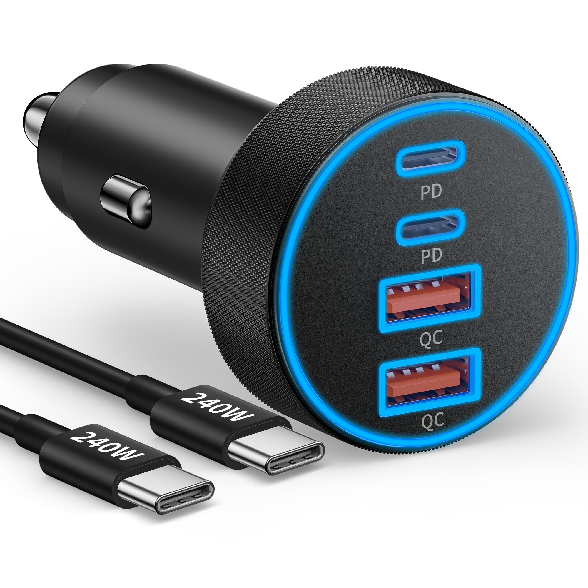 USB C Car Charger, 90W 4-Port Super Fast Charging Car Charger Adapter Dual USB-C & USB-A Cigarette Lighter with 240W Type C to C Cable Cord for Samsung Galaxy S25/S24/S23/S22/S21 Ultra, Android Phone