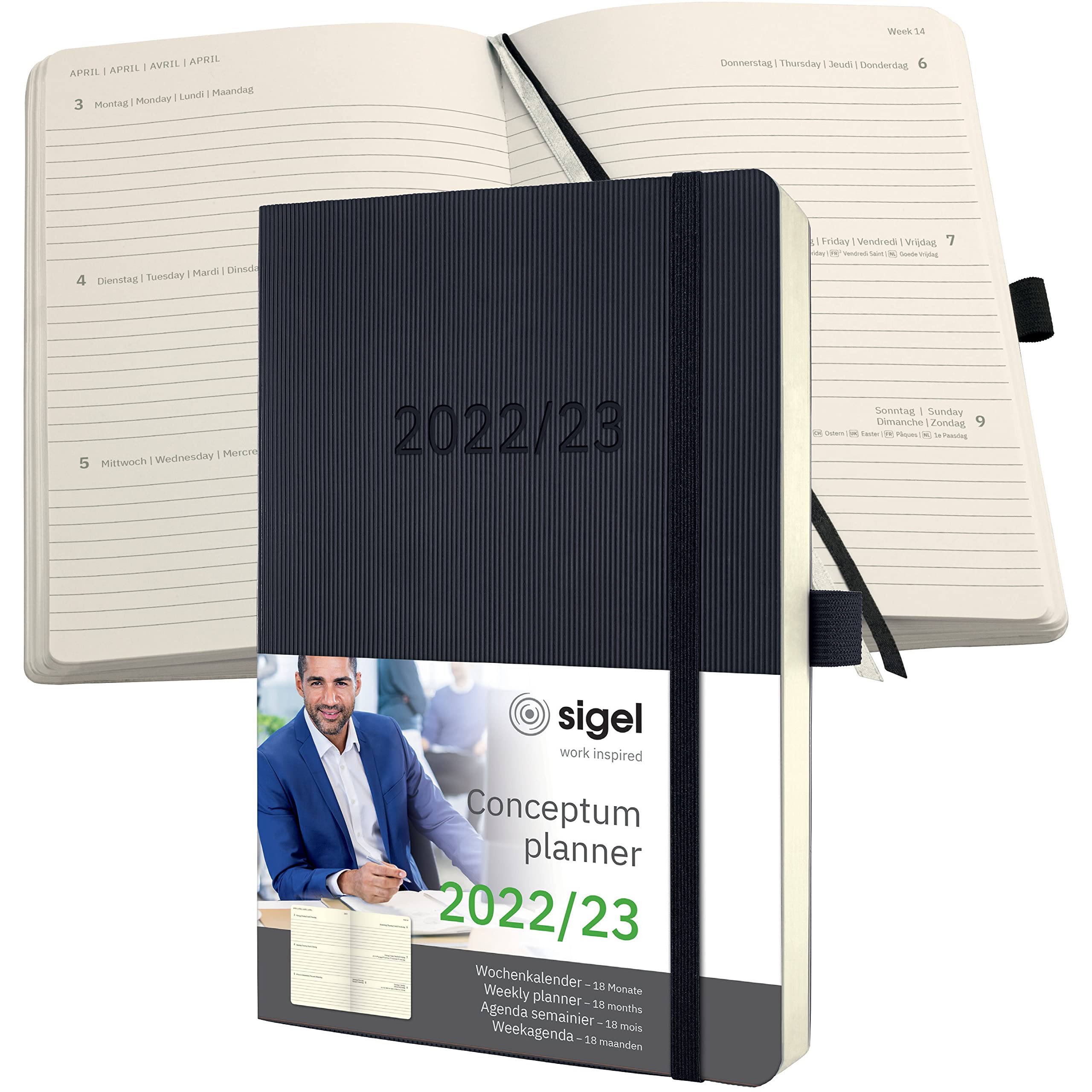 SIGEL C2306 Weekly planner Conceptum 2022/2023 - approx. A5 - black - Softcover - 18-month calendar, 2 pages = 1 week - 256 S.