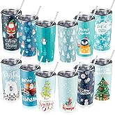 Sliner 12 Pack Christmas Stainless Steel Tumblers 20oz Christmas Insulated Tumbler Bulk with Lids and Straws Straight Double Wall Vacuum Travel Coffee Mug for Cold and Hot Drinks Xmas Party Gift