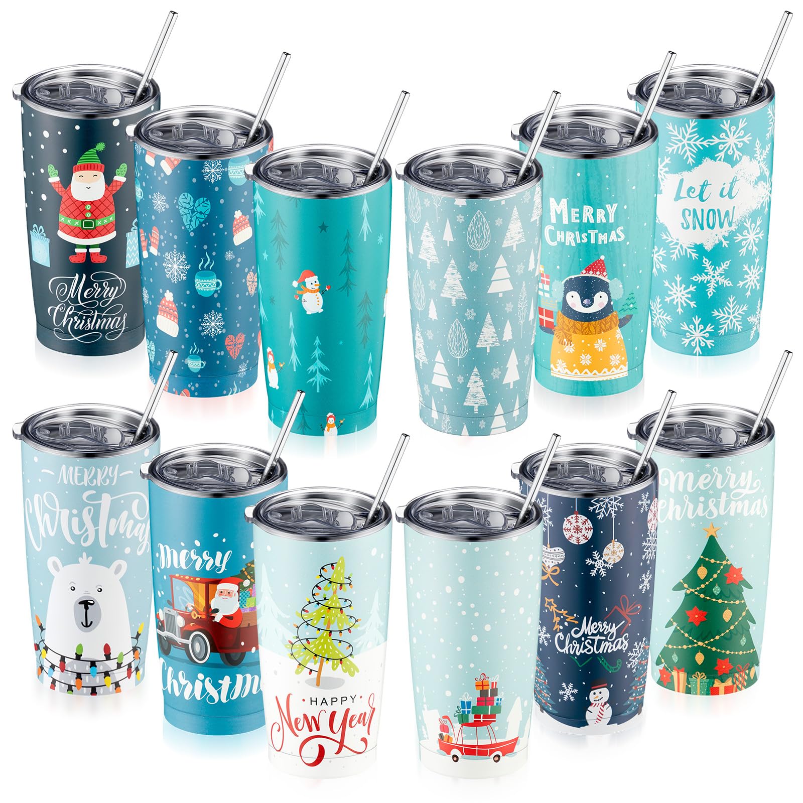 Photo 1 of Sliner 12 Pieces Christmas Tumbler Set 20 oz Insulated Stainless Steel Tumblers with Lids and Straws Brushes for Kids Adults