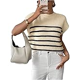 SOLY HUX Women's Short Sleeve Sweater 3D Floral Sweaters Pullover Tank Tops Knit Vest Trendy Fashion Clothing Apricot Striped Medium