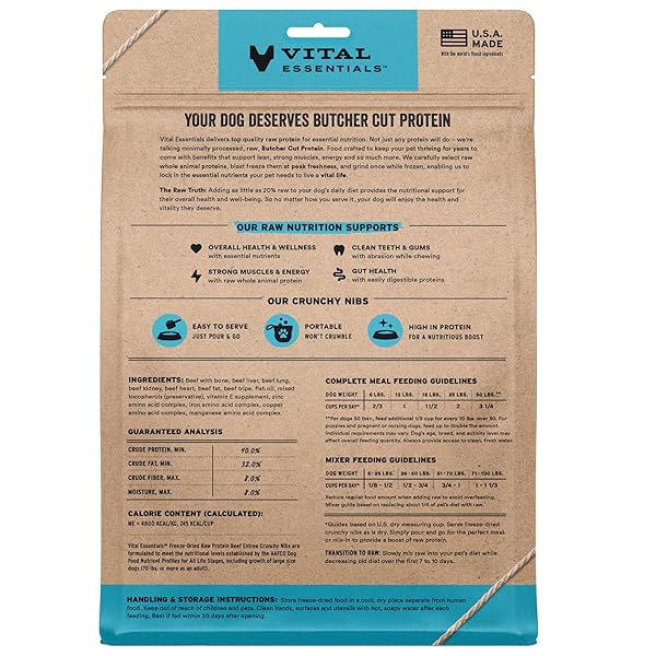 VITAL ESSENTIALS FREEZE DRIED DOG FOOD, RAW BEEF CRUNCHY NIBS | COMPLETE MEAL OR TOPPER | 96% BEEF, ORGANS & BONE | LIMITED INGREDIENT, HIGH PROTEIN, GRAIN FREE DRY DOG FOOD | 14 OZ BAG