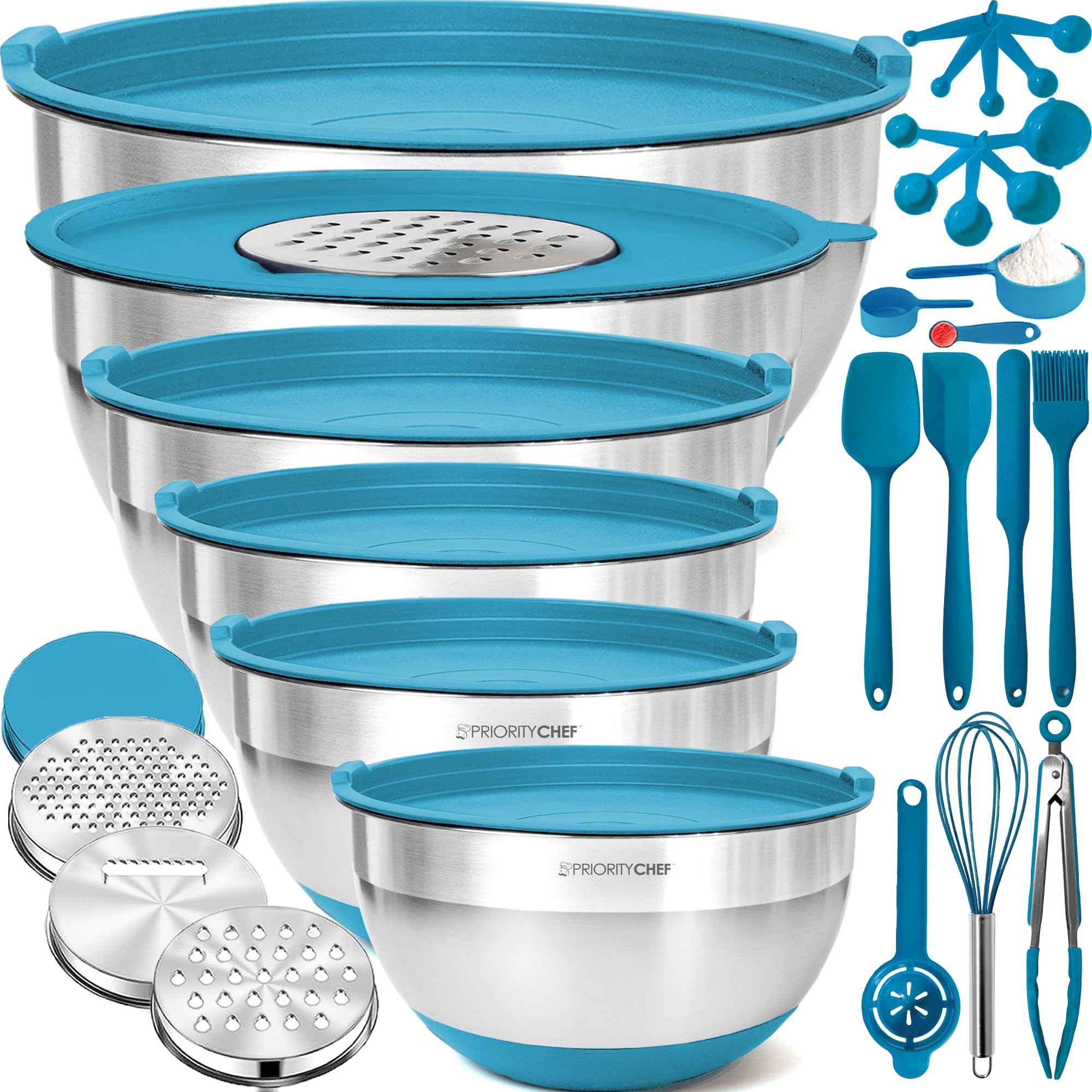 Priority Chef Stainless Steel Mixing Bowls with Lids Set - Premium 30Pcs with 6pc Metal Bowl Set for Kitchen, 3 Graters, Airtight Lids, Non-Slip Bases & Silicone Utensils, Turquoise Image Priority Chef Stainless Steel Mixing Bowls with Lids Set - Premium 30Pcs with 6pc Metal Bowl Set for Kitchen, 3 Graters, Airtight Lids, Non-Slip Bases & Silicone Utensils, Turquoise Image