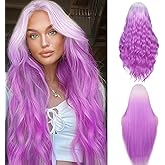 FAVE Ombre Purple Wig Long Wavy Wigs for Women 28 Inches Middle Part Purple Wigs Light Roots Synthetic Wig for Daily Party Use