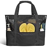 Playexen 24 inch Large Mesh Beach Bag with Zipper, Oversized Foldable Lightweight Family Beach Tote with 7 Pockets, Vacation Essentials Beach Accessories