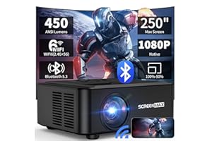 SCREENMAX Projector with WIFI and Bluetooth,Native 1080P Projector,2024 450 ANSI Portable Movie Projector for Outdoor Use,Zoom Function,Home Video Led Projector Compatible with IPhone/Android/TV Stick