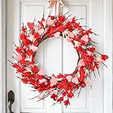 Norme 22 Inch Valentines Day Wreaths for Front Door Artificial Wreath with Berries Heart Forsythia Flowers for Indoor Outdoor Holiday Wedding Wall Decorations Supply Gift (Red)
