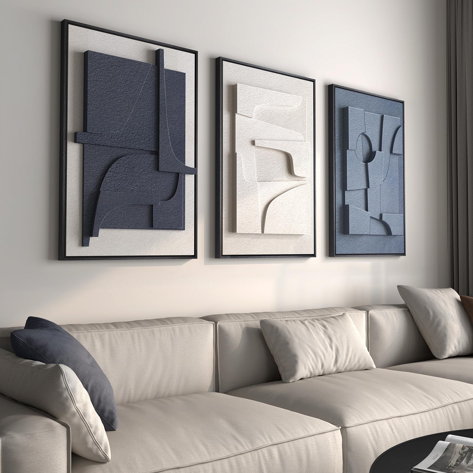 Photo 1 of ***1 middle picture enclosed***Large 3D Textured Framed Blue and White Abstract Wall Art for Living Room, 1 Piece Modern Artwork for Walls, Minimalist Navy Blue Geometric Paintings for Hallway, Stair, Office Wall Decor 24x36 In