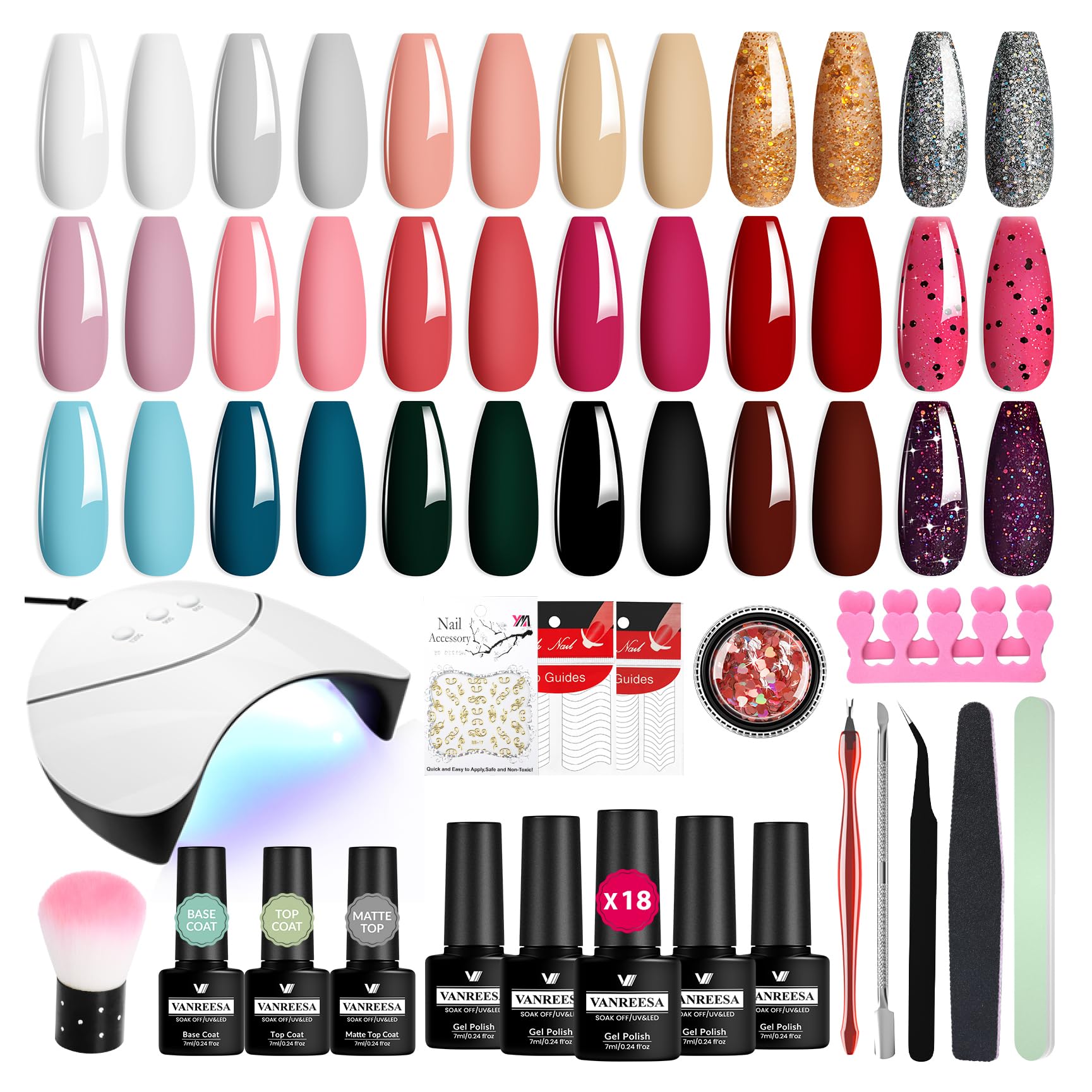 VANREESA Gel Nail Polish Set with Lamp Starter Kit, 18 Colours Gel Nail Kit Classic Popular Pink Red Glitter Soak Off Gels Polish Set with Manicure Tools Nails Salon Set Gifts for Women