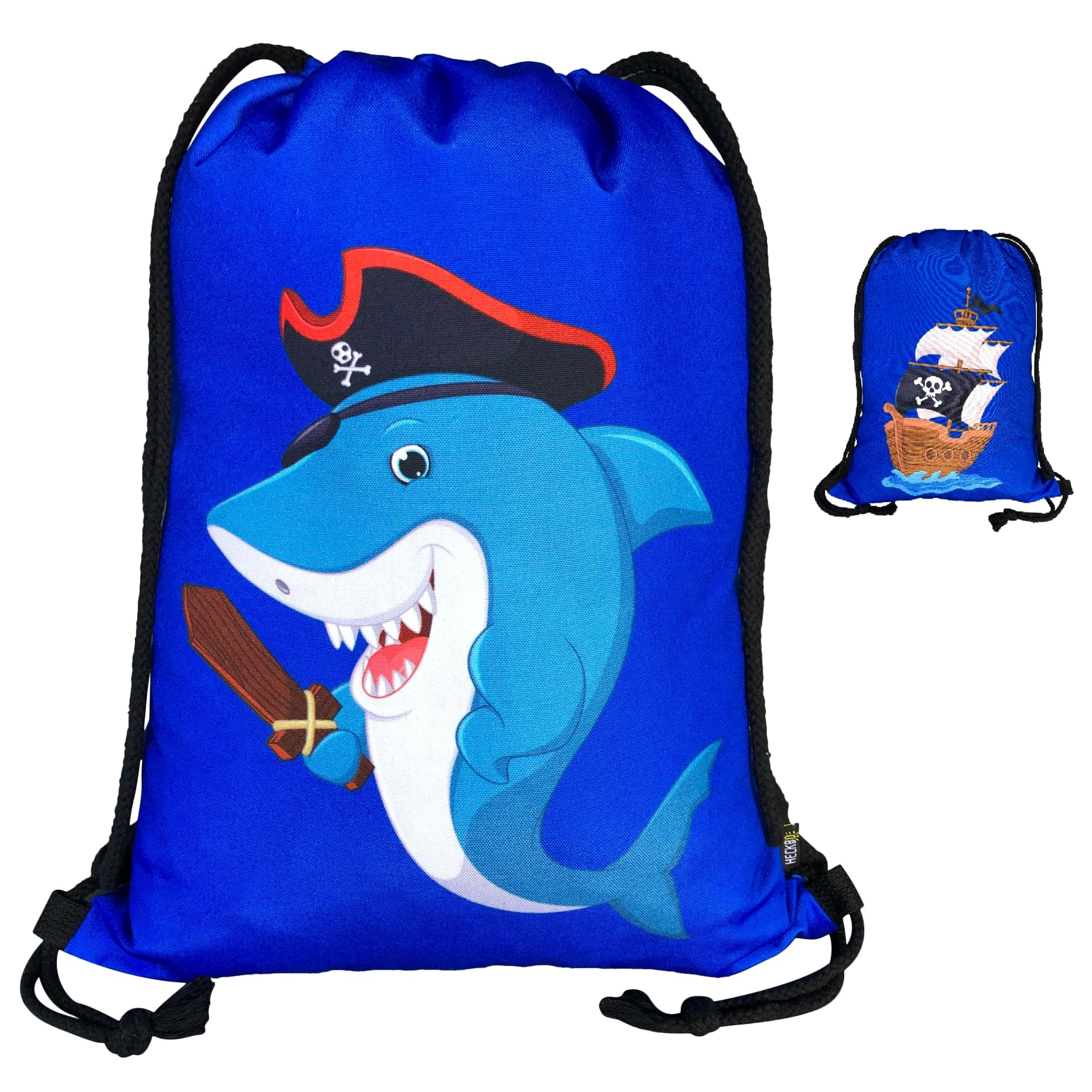 HECKBO kids pirate shark gym drawstring bag - 40x32cm - 12.6" x 15.8" - string bag - kindergarten daycare crèche school football - children kids girl boy backpack, sports bag, fabric bag