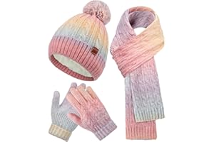 SHINYMATCH ShinyMarch Kids Winter Hat Scarf Gloves Set Thick Thermal Lined Beanie with Pom Warm Neck Gaiter Knit Mittens for Boys Girls