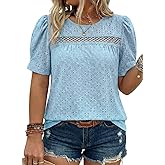 Eytino Plus Size Tops for Women Crewneck Puff Short Sleeve Summer Loose Casual Tshirts Blouse(1X-5X)