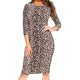 ICONOFLASH Women's 3/4 Sleeves Midi Bodycon Dress Crew Neck Fitted Dresses with Plus Size Options