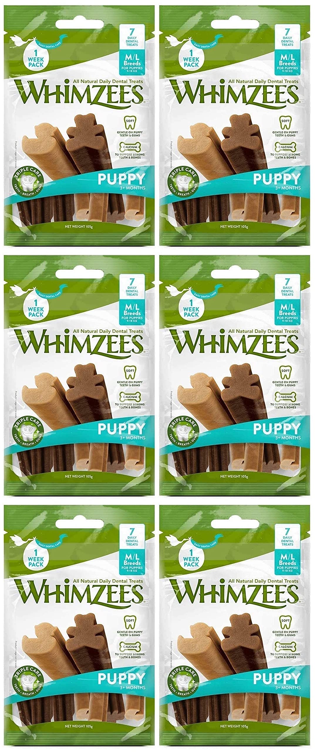 Whimzees Puppy Chew Sticks for Medium and Large Puppies, Natural Treats for Oral Hygiene, Size M/L, Bag of 7 Pieces