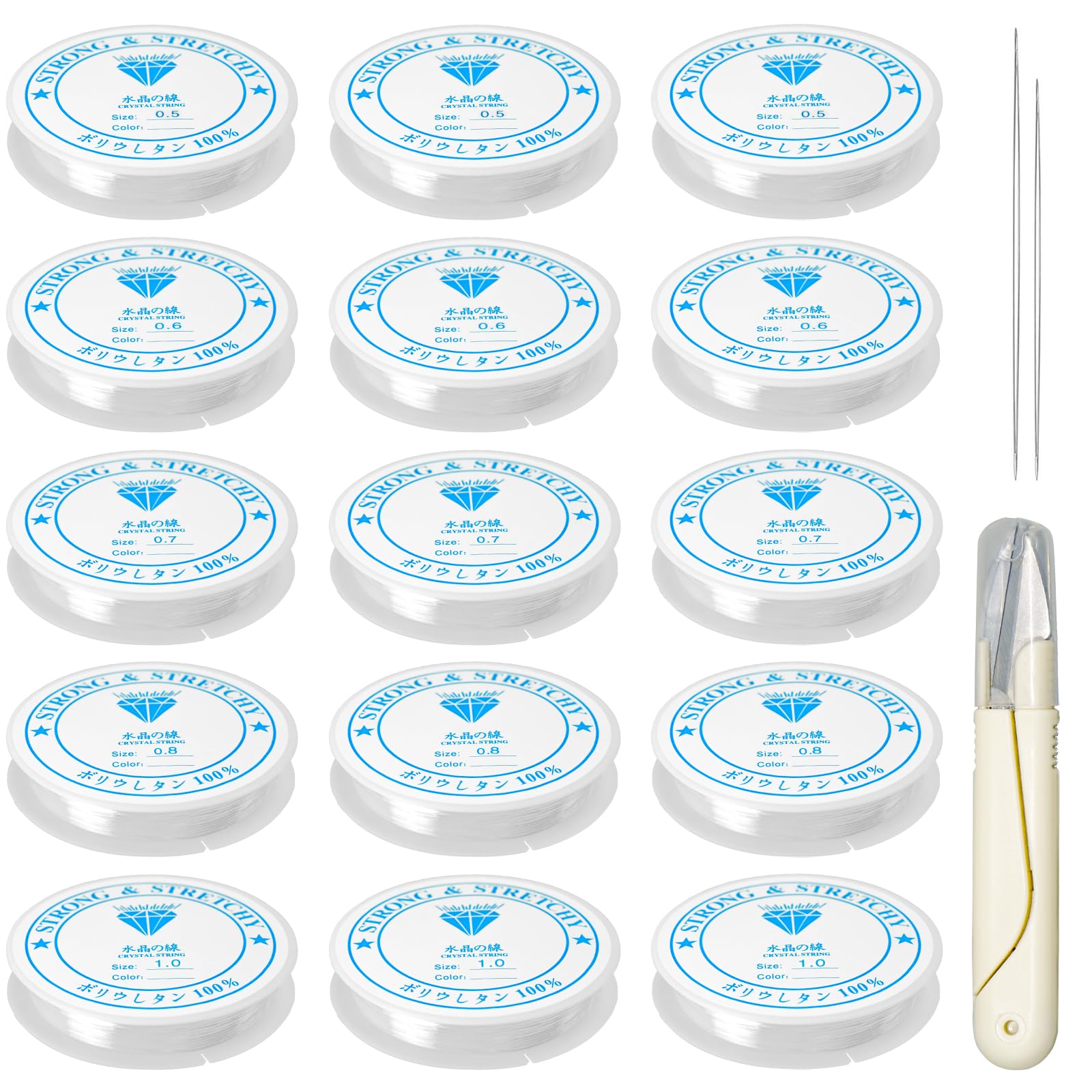 wonkeken 15 Pcs Transparent Elastic Thread Elastic Nylon Magic Rope(0.5mm 0.6mm0.7mm0.8mm1mm) with 2 Bead Needles 1 Pair of Scissors Bead String DIY Jewelry Making Bracelet Necklace Decoration