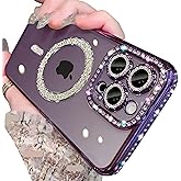 Doulings Magnetic Glitter Diamond for iPhone 15 Plus Case[Compatible with MagSafe] Sparkle Rhinestone Camera Lens Protector Plated,Crtstal Clear Slim Military Drop Shockproof Cover for Women,Purple
