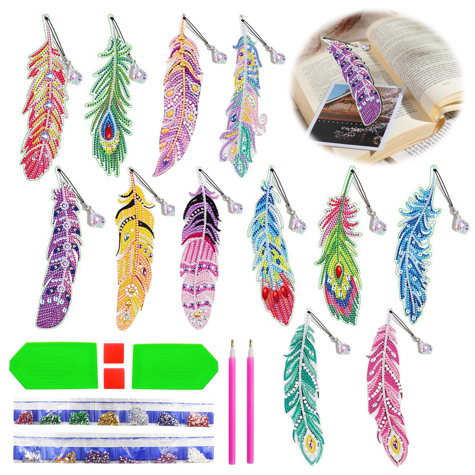 Lymshine Diamond Art Bookmarks Kits, 12 Pcs Diamond Painting Feather Bookmarks with Crystal Pendant, Arts and Crafts Kits for Adults Girls Boys