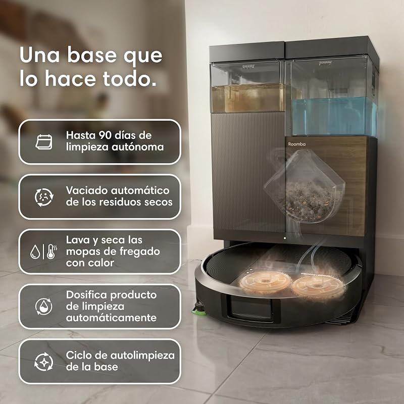 Roomba Plus 576 Combo y Base AutoWash multifunción, 25KPa, Mopas DualClean PerfectEdge, Lavado/Secado Calor, IA, PrecisionVision, Clearview Pro LiDAR, 90 días autonomía,Accesorios Extra, Negro