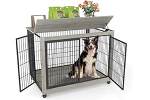 Yafylly 43" Movable Extra Large Dog Crate, Wooden Furniture Dog Crate with Top Access for Teasing/Feeding, 4 Rotating Wheels, Heavy-Duty Large Dog Kennel Indoor as End Table, Chew-Resistant, Gray