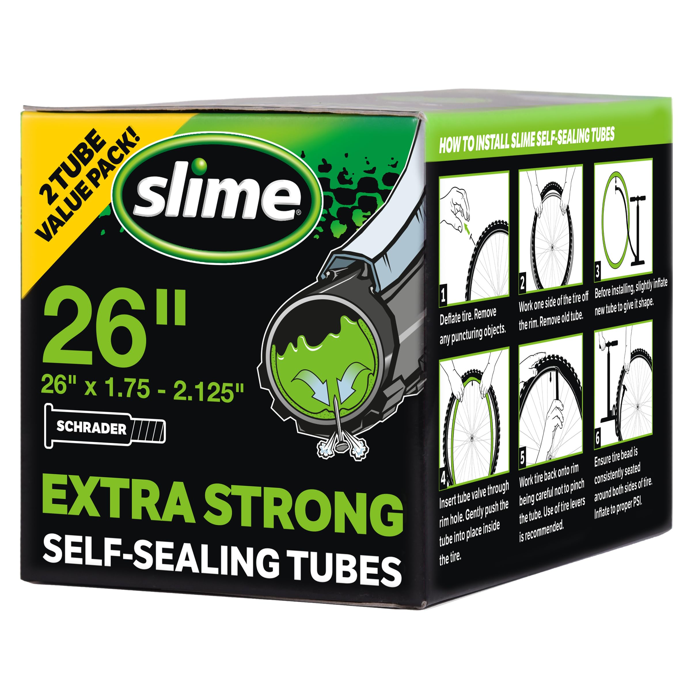 Slime 30074 Bike Inner Tubes with Slime Puncture Sealant, Extra Strong, Self Sealing, Prevent and Repair, Schrader Valve, 26" x1.75-2.125", Value 2-Pack — image 1