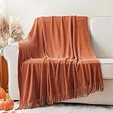 BATTILO HOME Rust Orange Throw Blanket for Couch, Soft Chenille Knit Throws with Tassels for Home Decor, Spring Caramel Throws for Couch Cover, 50"x60"