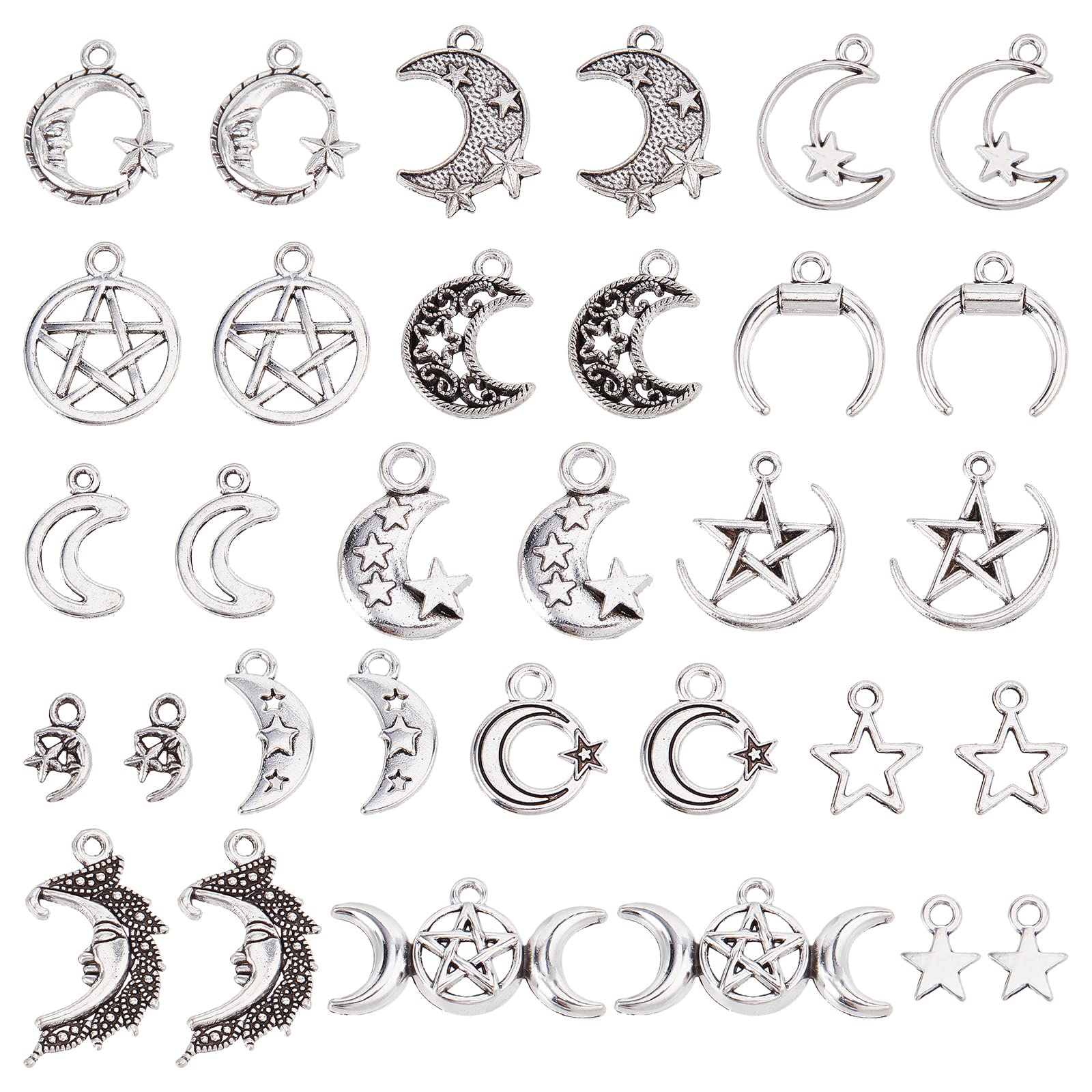 SUNNYCLUE 1 Box 96Pcs 16 Styles Star and Moon Charms for Jewellery Making, DIY Earring Necklace Bracelet Crafts Supplies