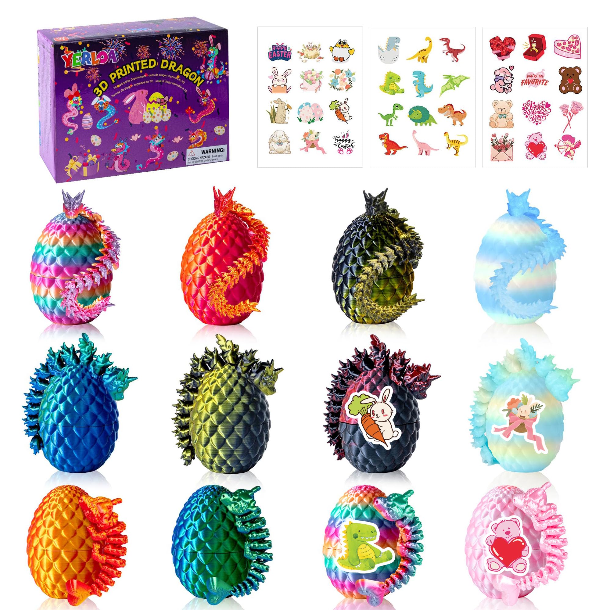 Yerloa 12PCS 3D Printed Dragon, Prefilled Easter Eggs with Dragons Inside, Easter Basket Stuffers for Kids, 3D Printed Animals with DIY Stickers, Fidget Dragon Toys for Boys Girls & Teens