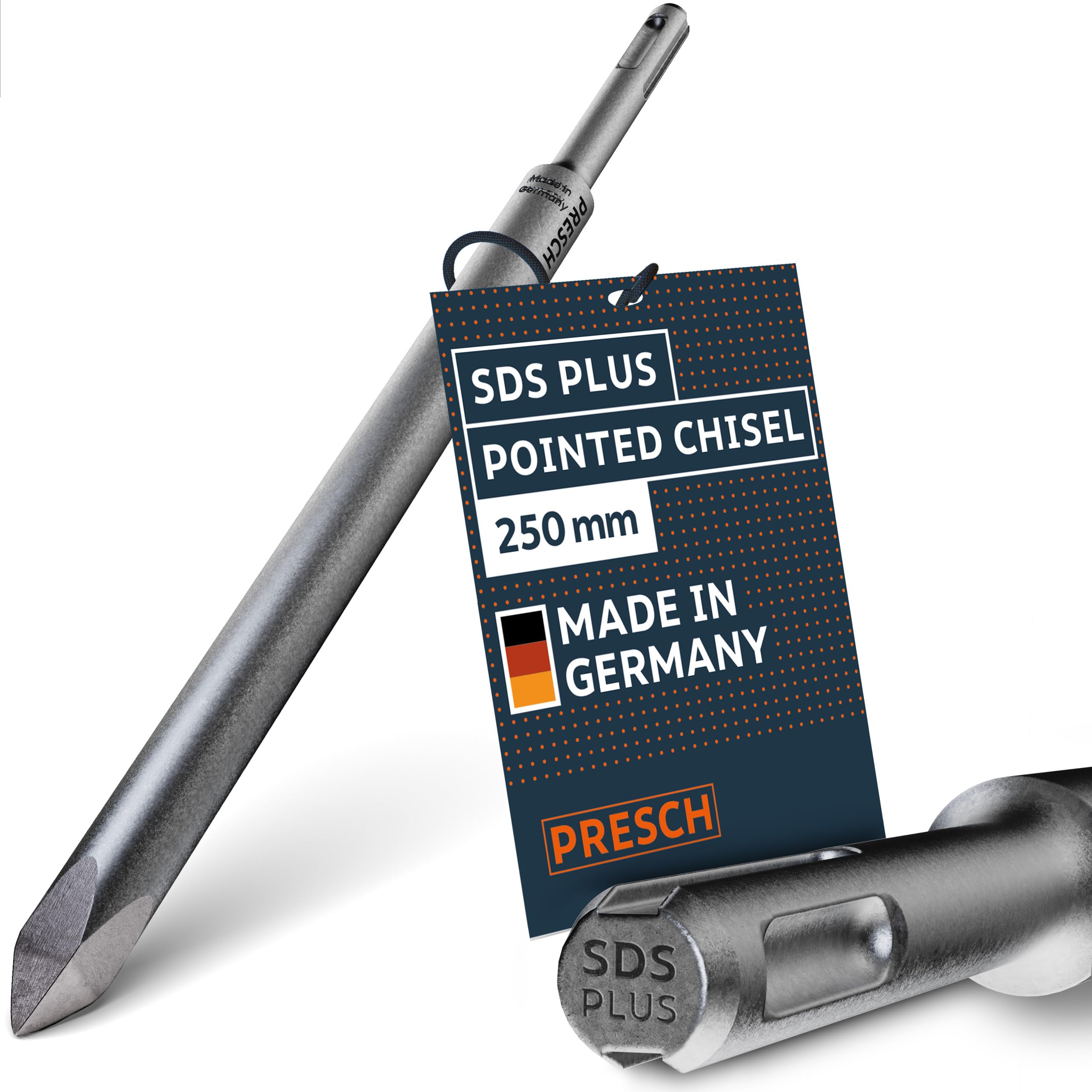 Presch SDS-Plus Pointed Chisel - Extremely Robust, Durable tip - for All Breakthrough Work (250 mm Length) - Rotary Hammer Chisel Made of high-Performance Steel for Powerful impacts — image 1
