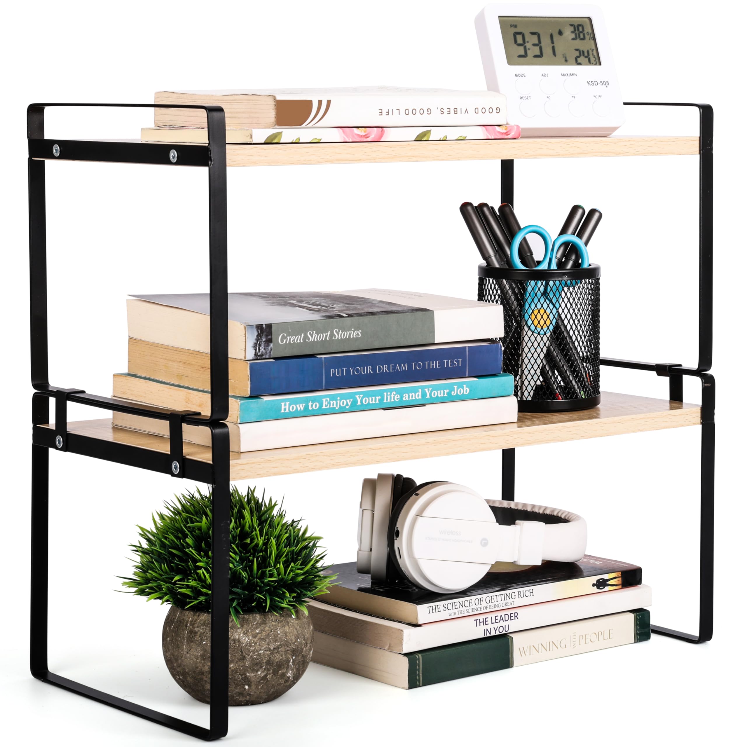 BELLE VOUS Wooden Desktop Organiser Shelf - Stackable 2-Tier Storage Rack for Home Table, Kitchen or Desk - Freestanding Display Shelf for Books, Decor or Office Supplies - Brown and Black