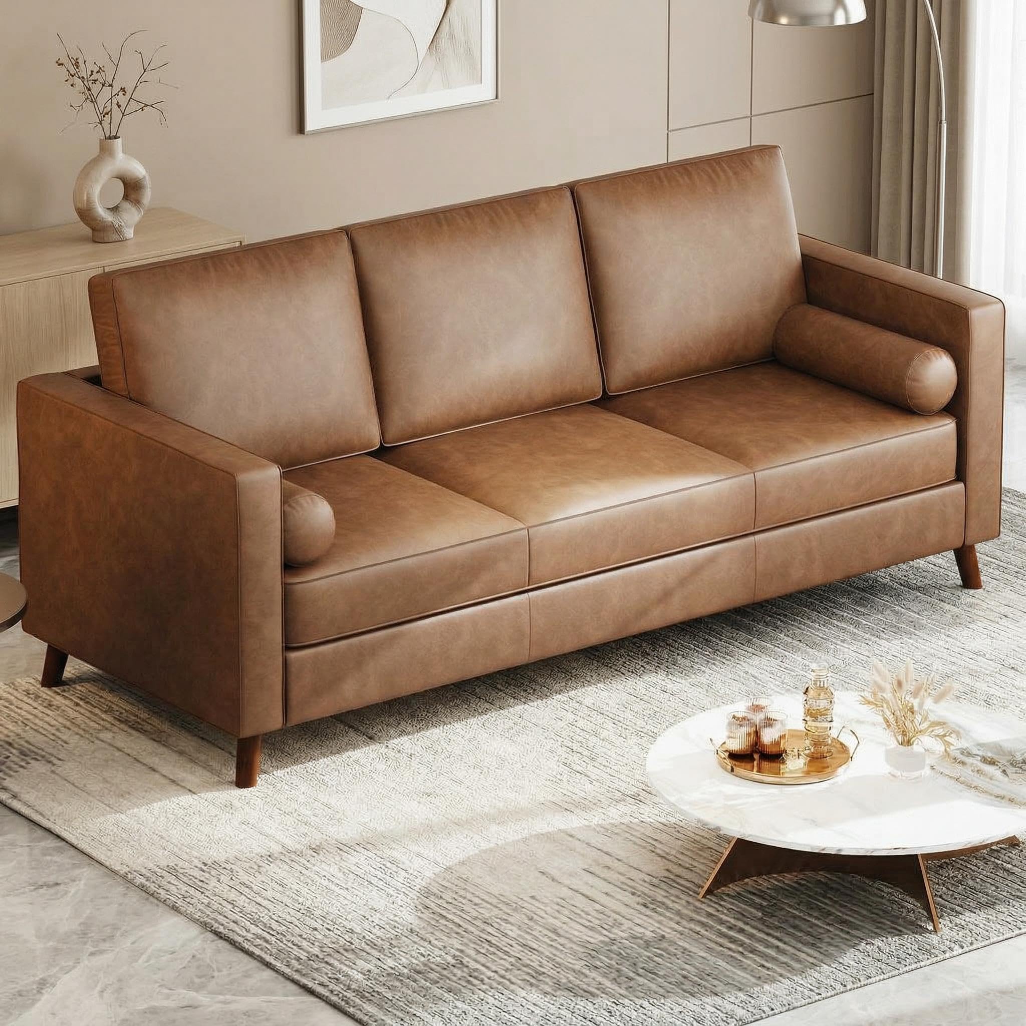 Photo 1 of GAOMON 81" Leather Couch for Living Room, Mid Century Modern 3-Seater Sofa with Deep Seat, Faux Leather Sofa for Apartment, Home Office, Brown