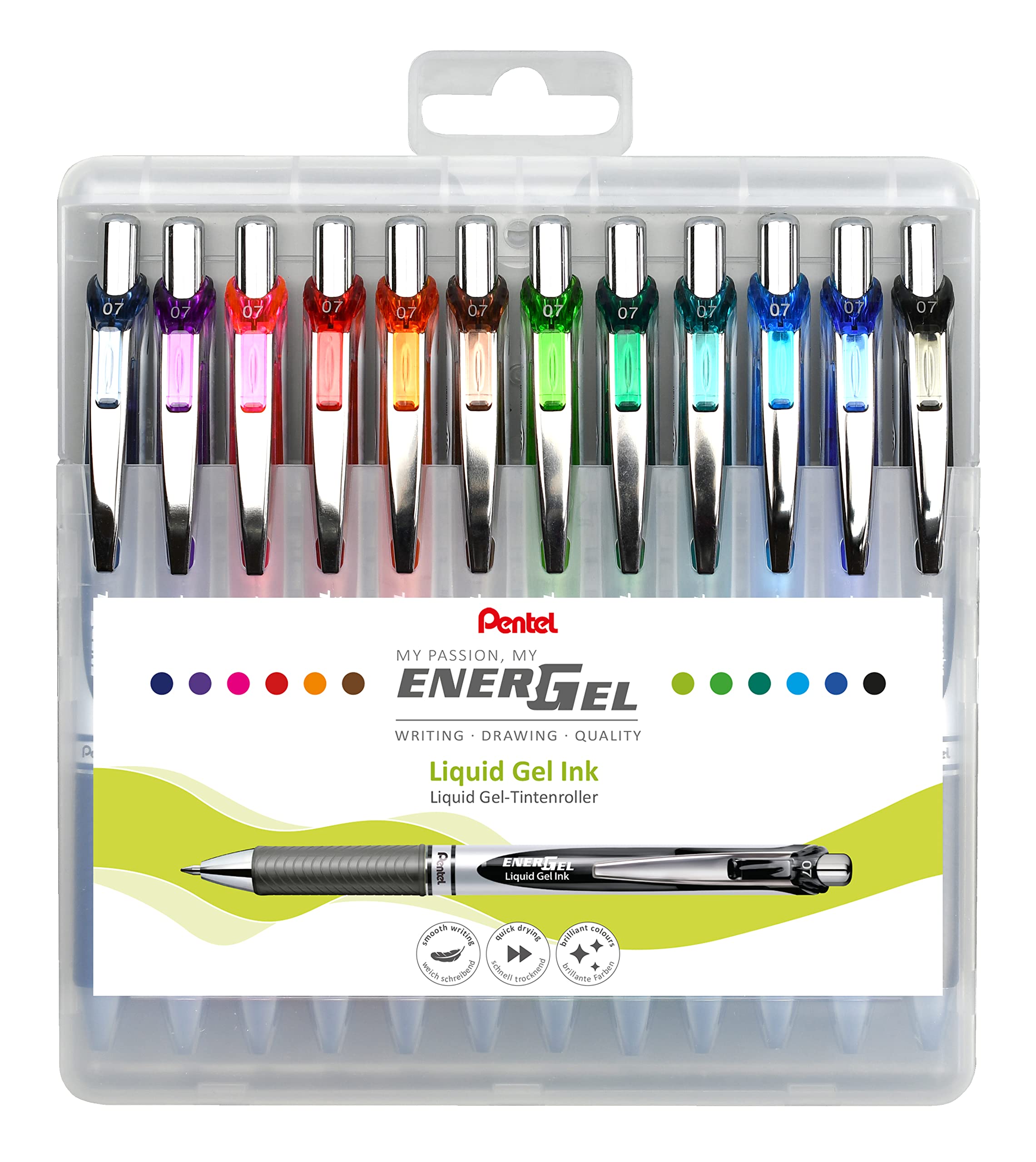 Pentel BL77-12 EnerGel Retractable Gel Ink Rollerball Pen - 0.7mm Ball Diameter = 0.35mm Line Width - Refillable Plastic Box - Assorted Colours