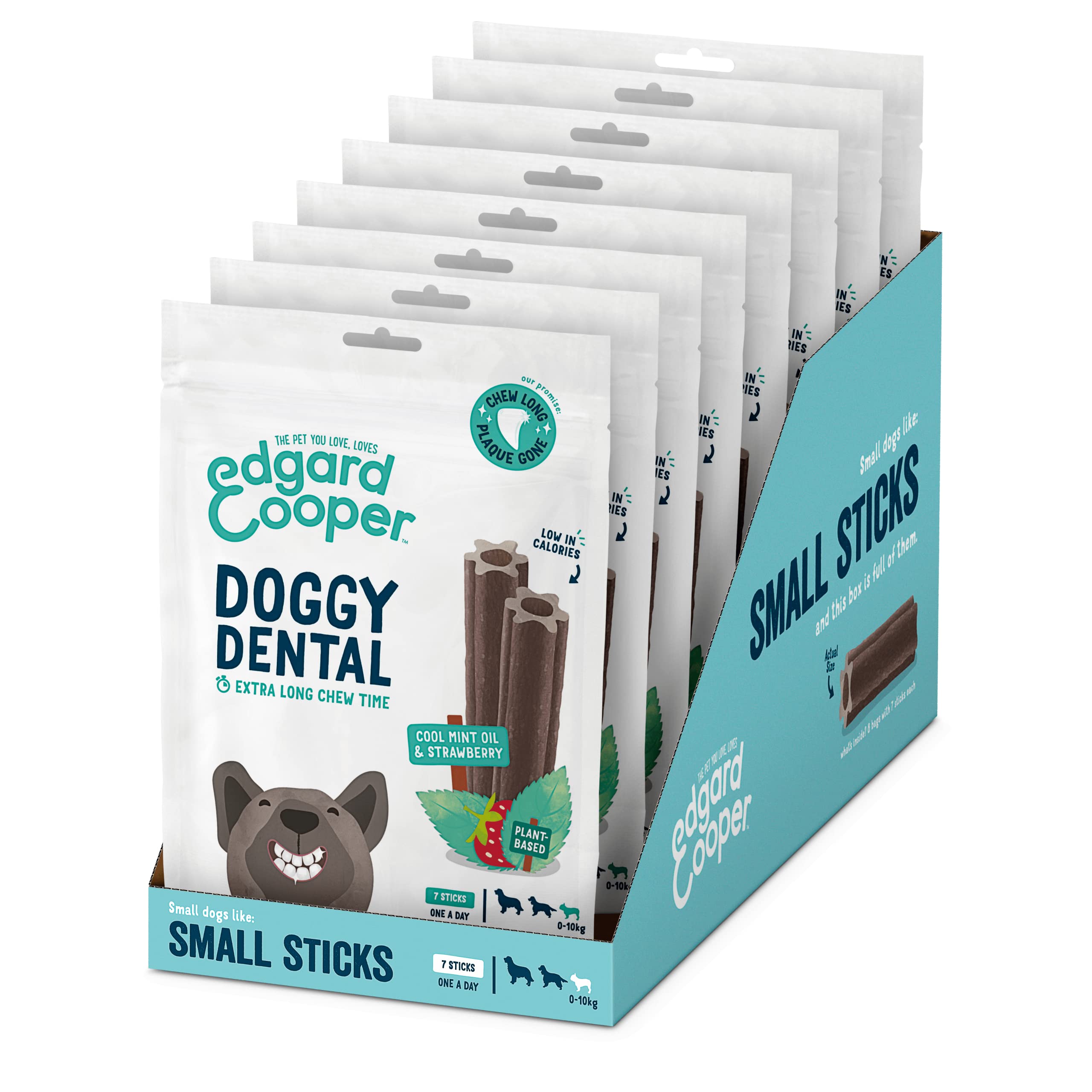 Edgard Cooper Treats Dental Stick, Small, Mint and Strawberry, 8 x 7 stick pack, Natural Dog Chew Sticks, Dental Hygiene, One per Day, Low Calorie, Long Chewing, Fresh Breath