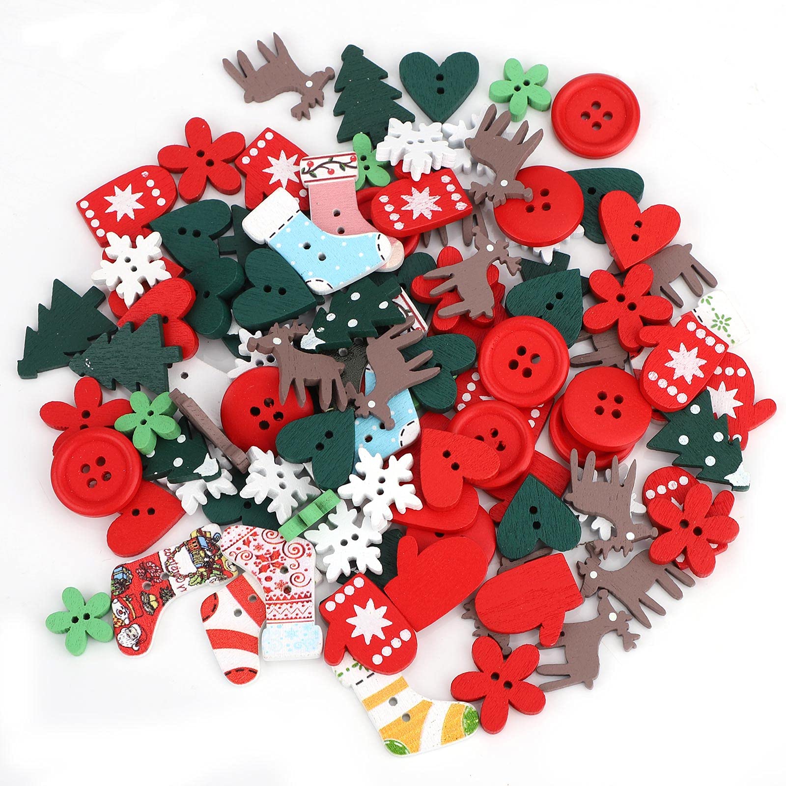 100 Pieces Christmas Wooden Buttons Sewing Craft Buttons Mini Christmas Socks Snowflake Heart Xmas Tree Mixed Patterns for DIY Scrapbooking Buttons Christmas Decoration