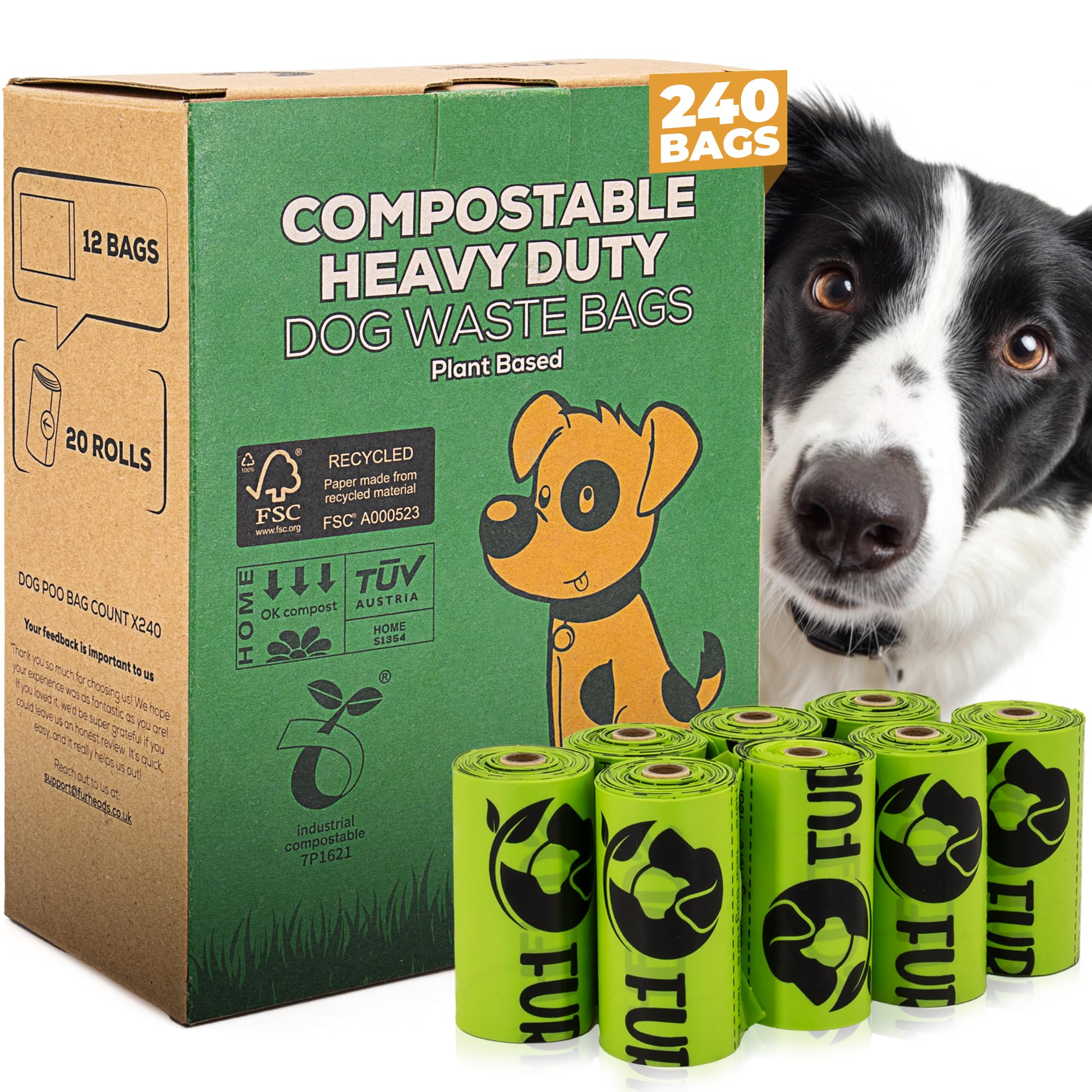 Fur Heads Dog Poo Bags – 240 Compostable & Biodegradable Bags | Extra Thick, Leak-Proof, Unscented & Plastic-Free | Eco Dog Waste Bags | EN13432 Certified & Plant-Based