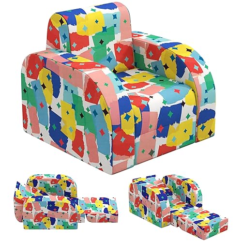 AIYAPLAY Kids Armchair, 2 in 1 Foldable Toddler Chair, Soft Snuggle Sponge Filled Recliner, for Bedroom Playroom Living Room, for Boys & Girls 18 Months to 3 Years - Multicoloured