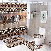 Rustic Aztec Horse 4 Pieces Shower Curtain Set,Boho Abstract Tribal Farmhouse Western Desert Horse Non-Slip Rugs Toilet Lid Cover Bath Mat and Bathroom Curtain